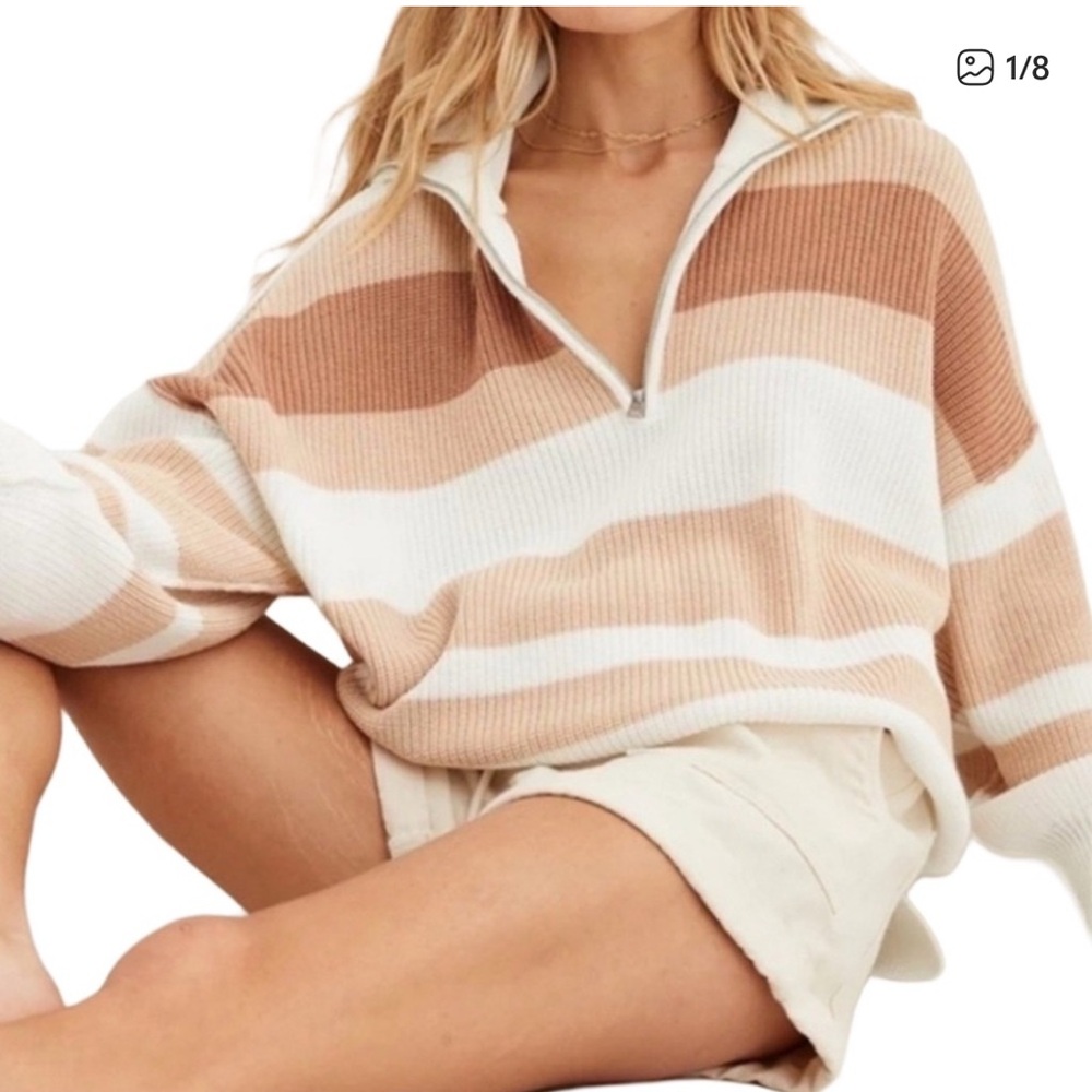 Aerie Beyond Quarter Zip Sweater Toasty Combo Tan Brown Stripe - Picture 2 of 3